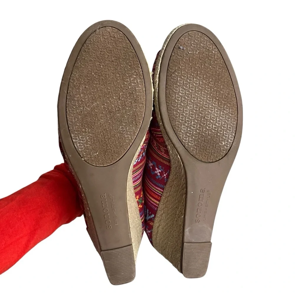 Sonoma Life Style Womens 8.5 M Jenne Red Stripe Aztec Peep Toe Espadrille Wedges